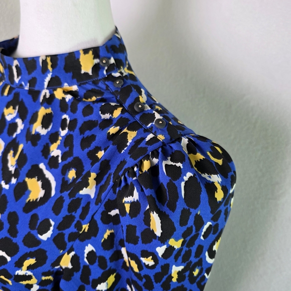 Rahi Sophie Blue Leopard Print Long Sleeve Mini Dress L Puff Shoulder Mock Neck - Picture 7 of 15